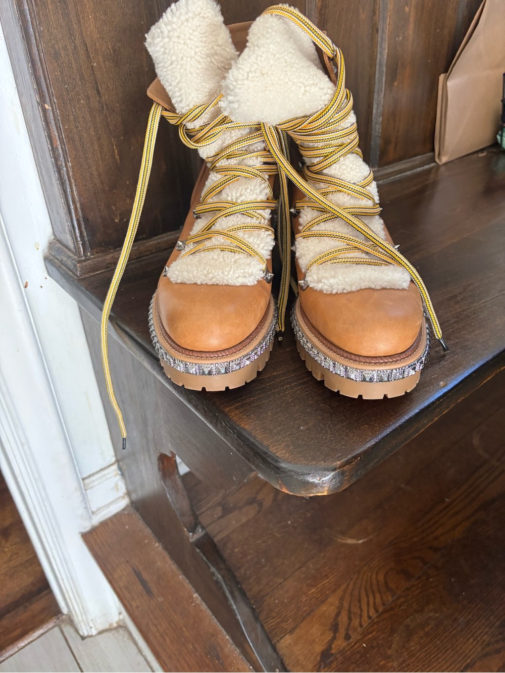 Brown Shearling-Trim Lug Sole Boots with Yellow Laces